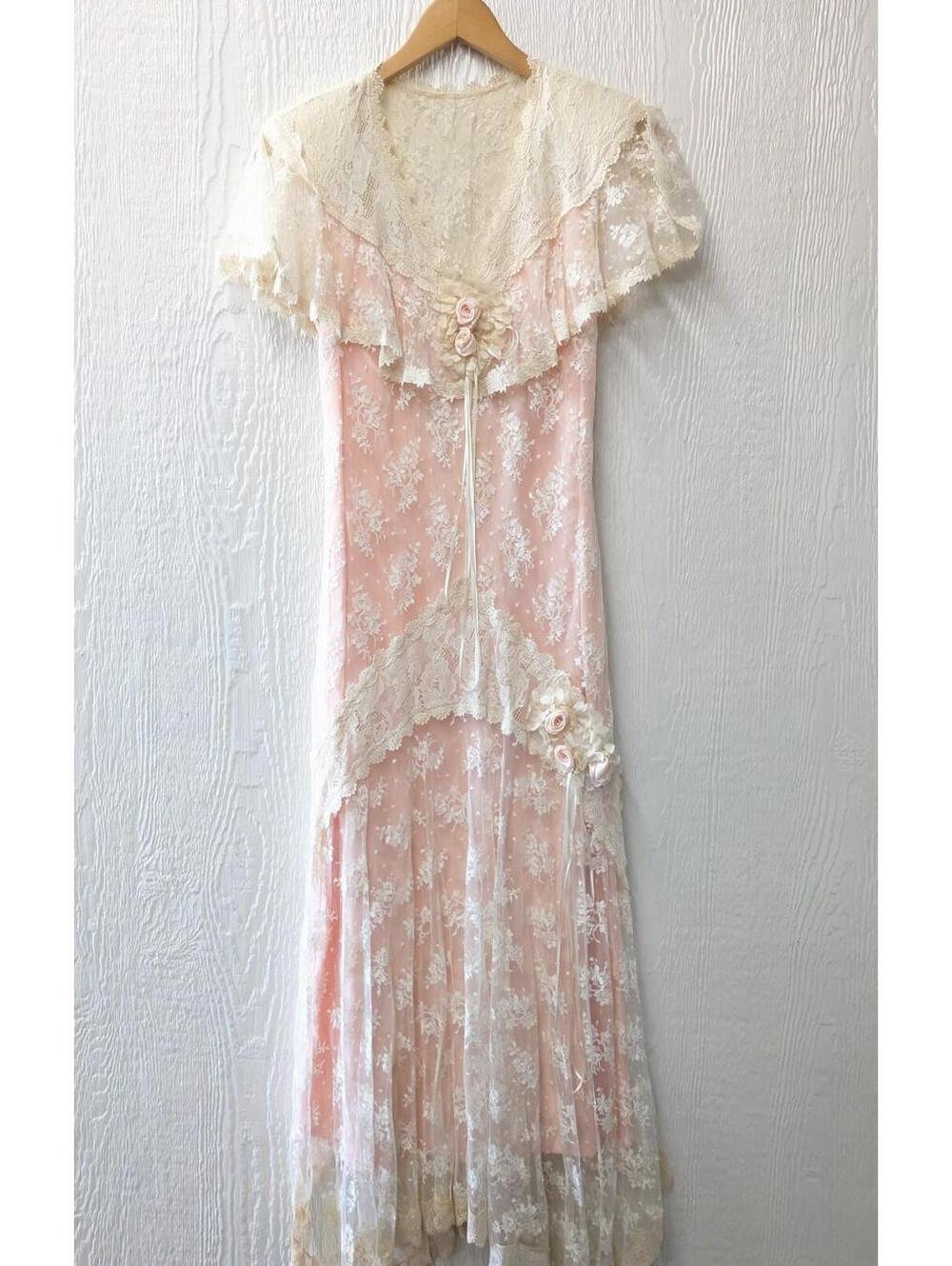 Vtg 70’s Susan Lanes Country Elegance Wedding Dress Pink Victorian Lace Size 10